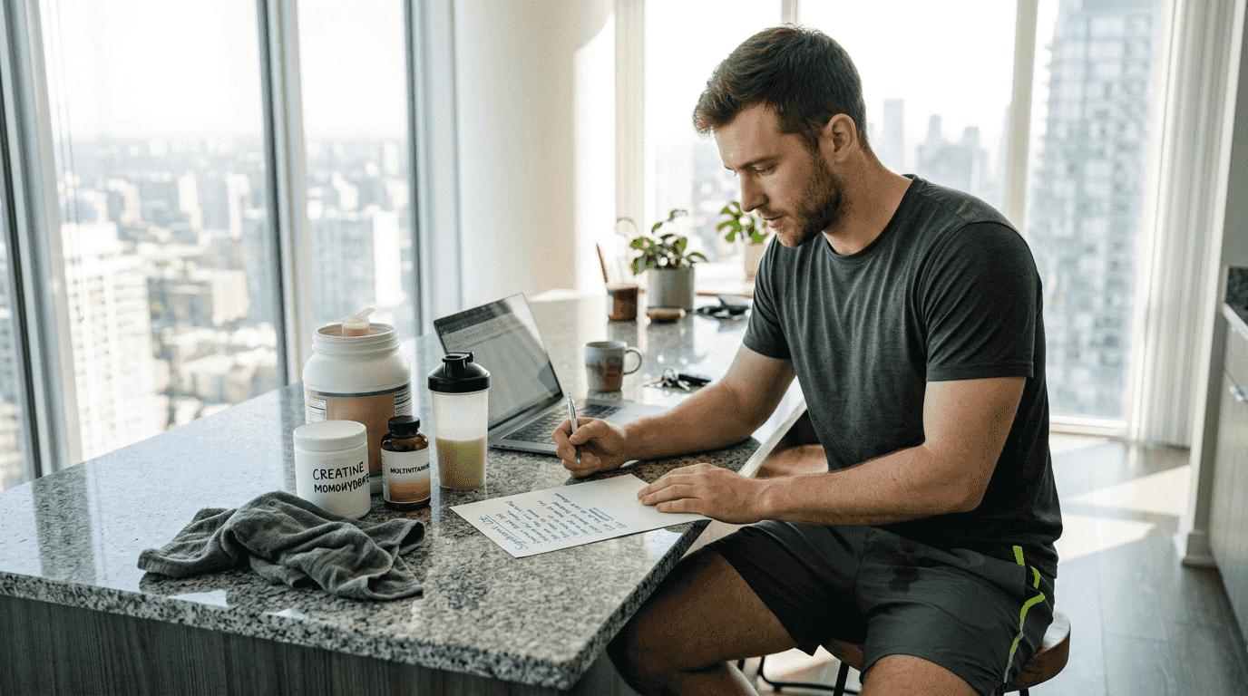 Athlete planning supplement stack at kitchen island