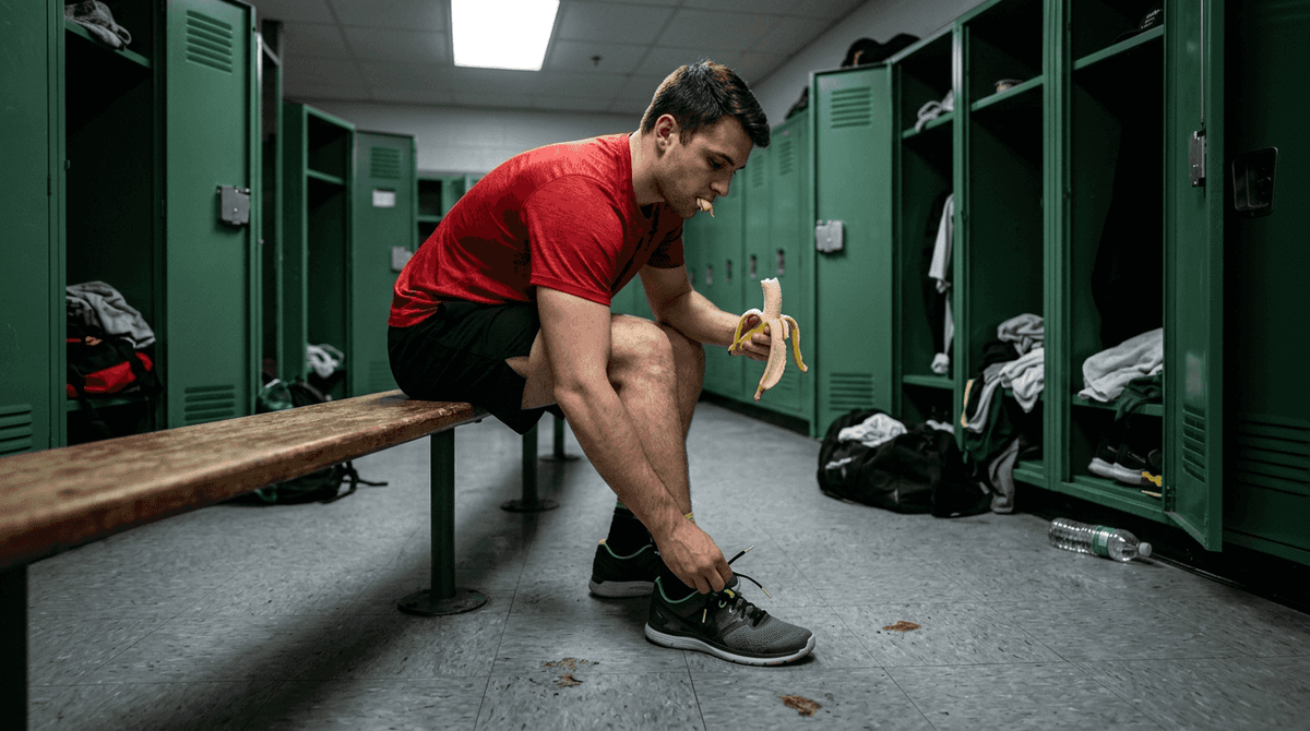 Athlete eating banana before gym session