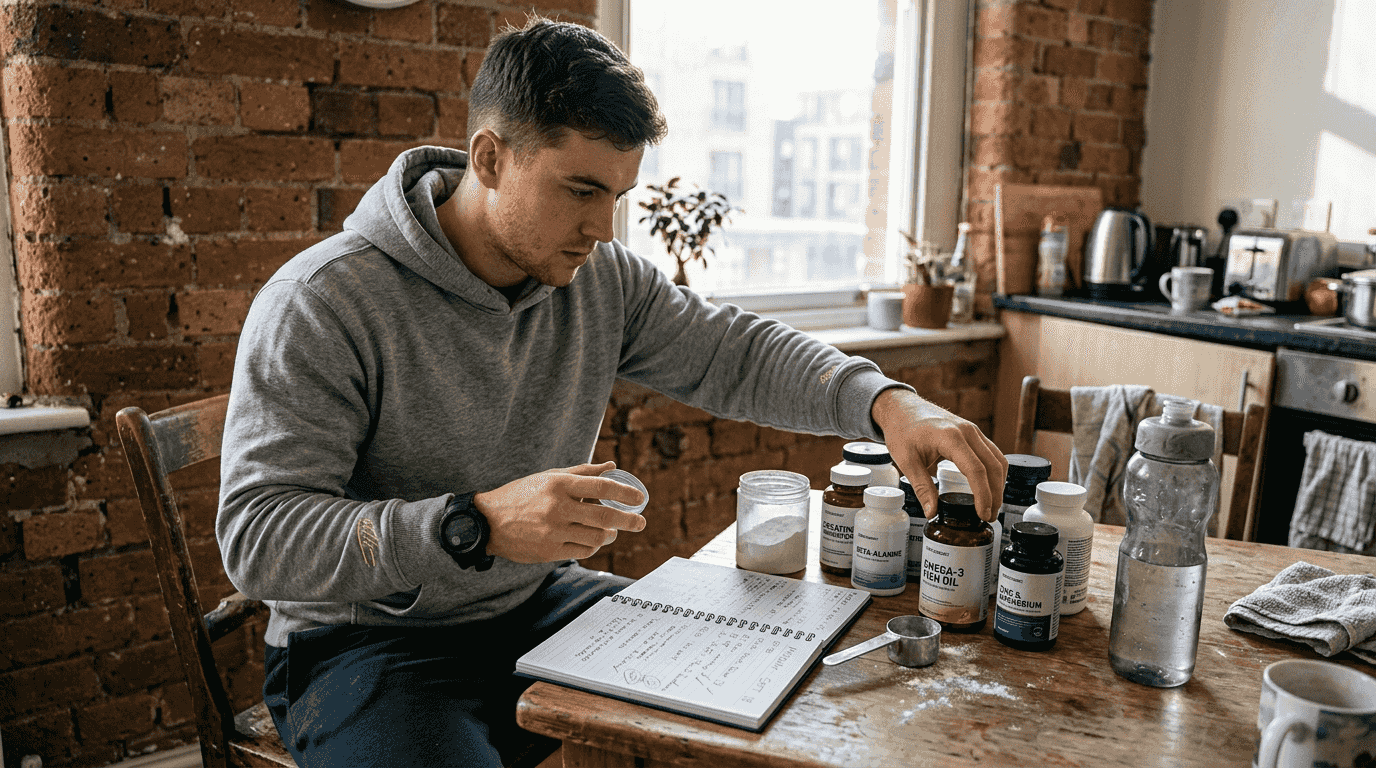 Athlete planning supplement routine in kitchen