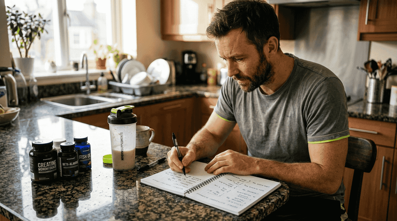 Man planning supplement cycles at kitchen counter