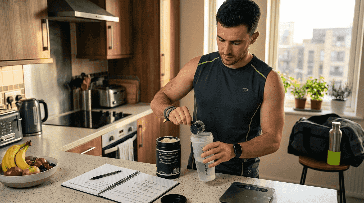 Athlete preparing supplements in morning kitchen