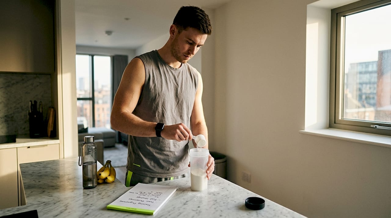 Athlete mixes pre workout drink in kitchen