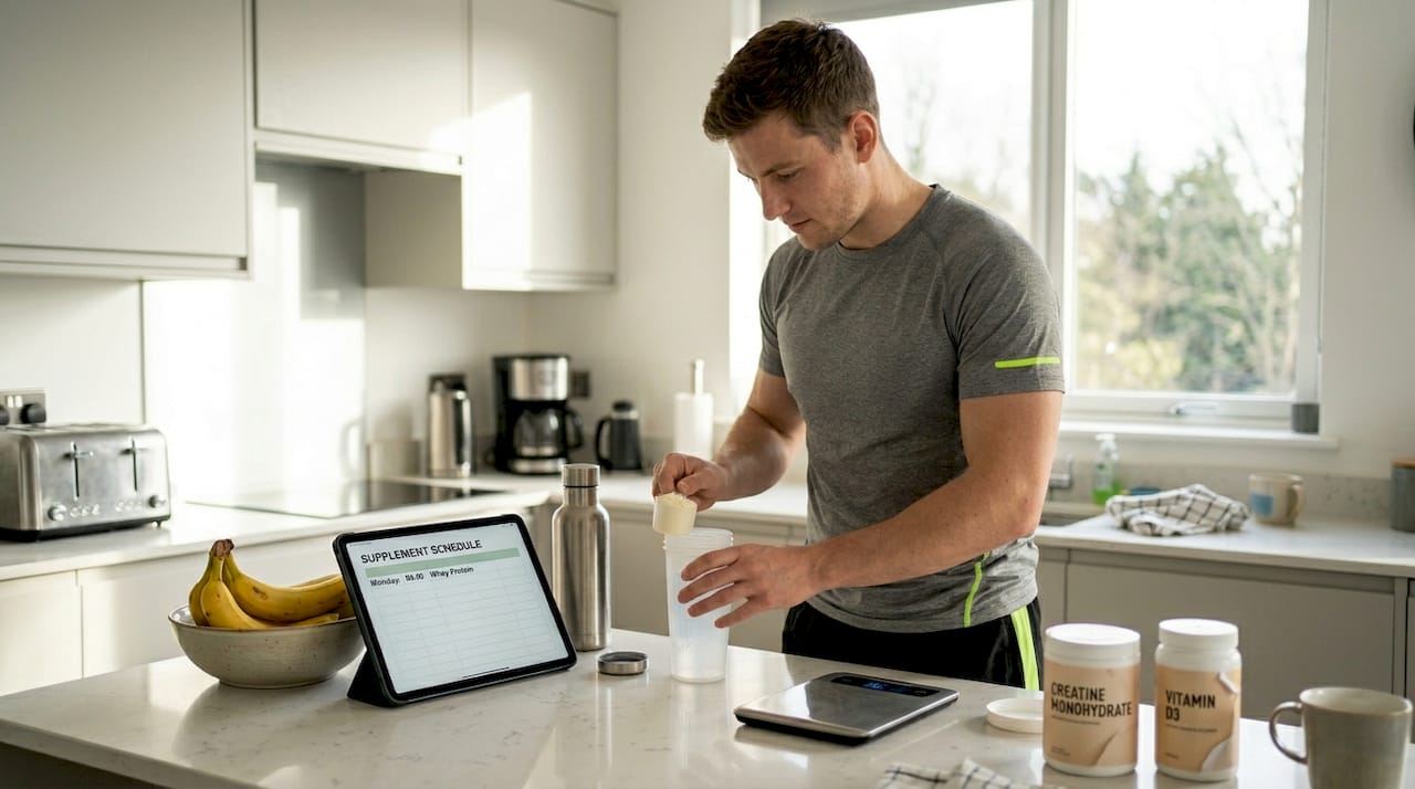 Athlete preparing protein supplement in kitchen