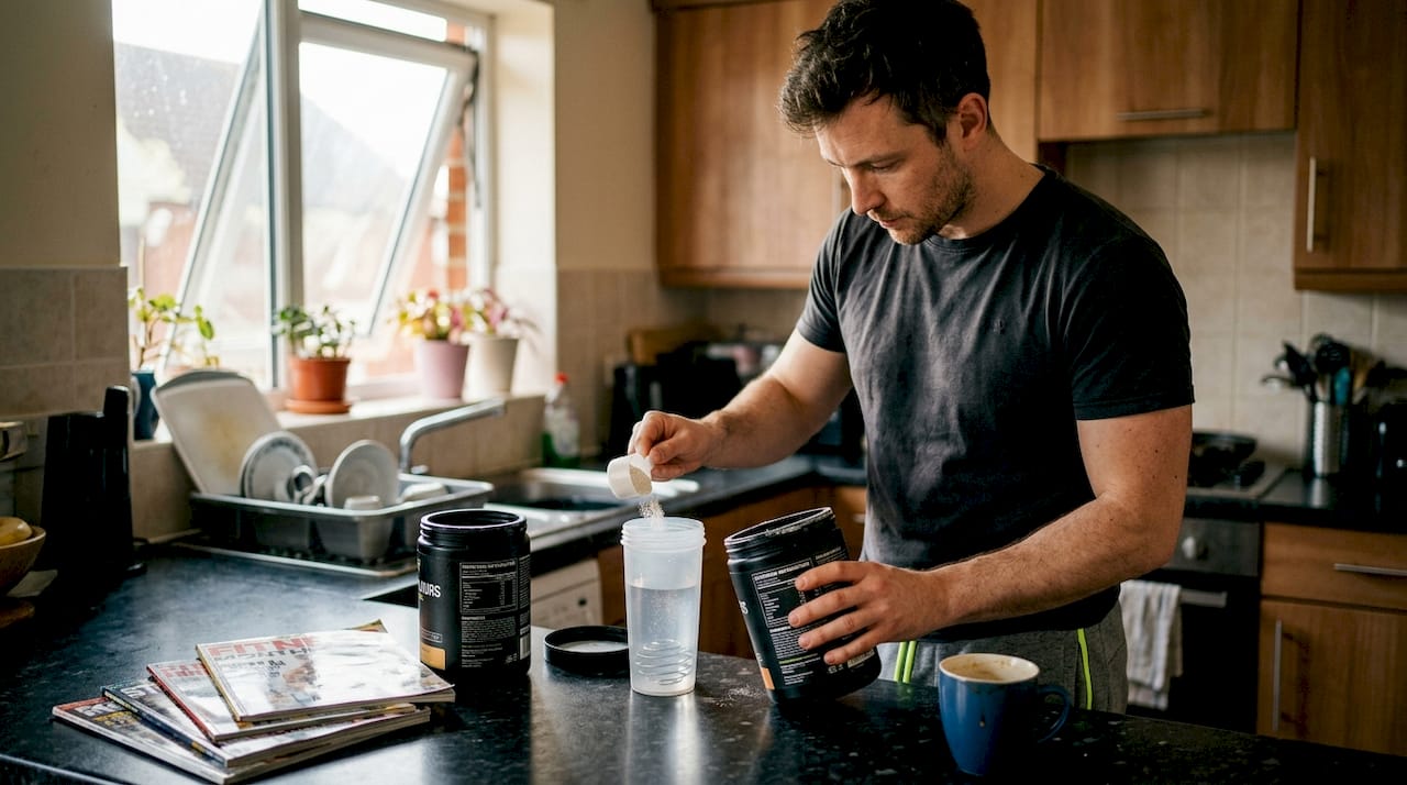 Man preparing pre-workout drink in sunlit kitchen