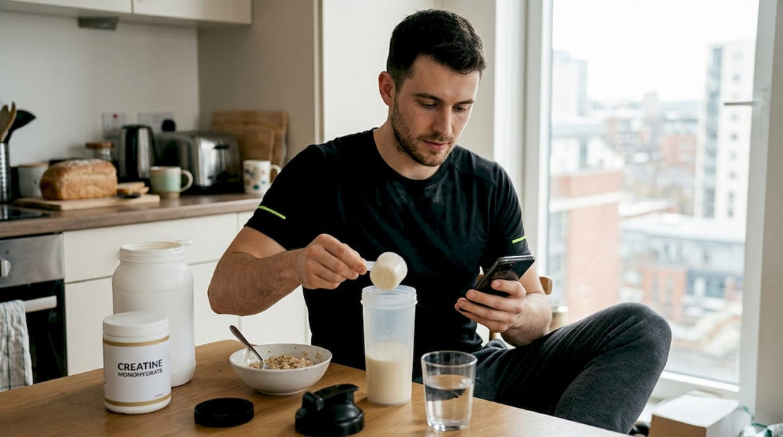 Man prepares fitness supplements in kitchen