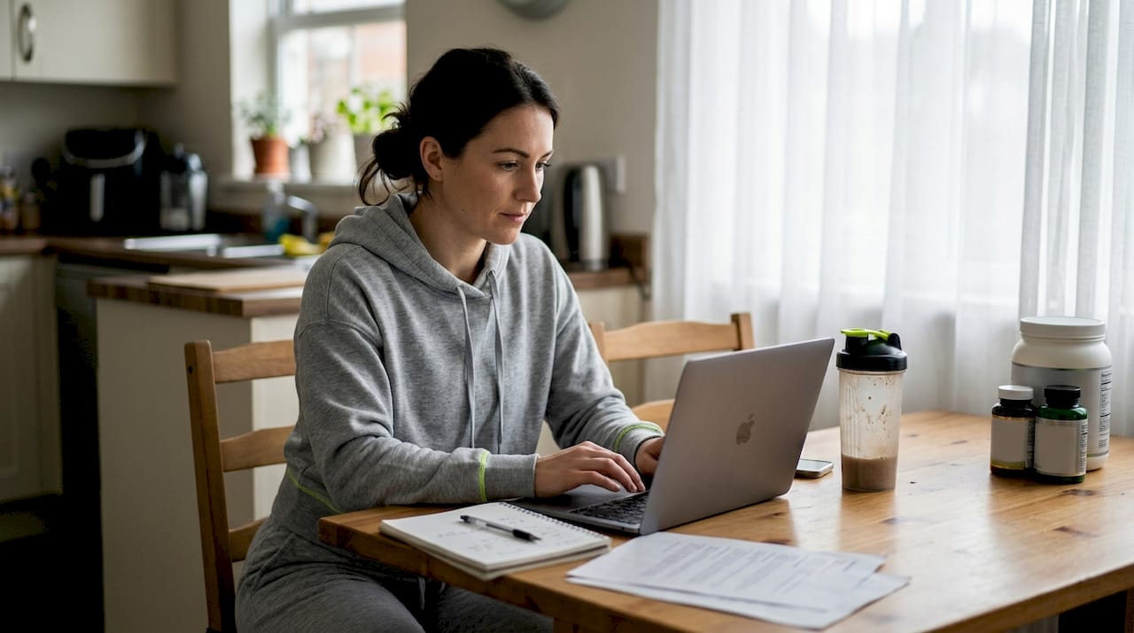 Woman shopping fitness supplements home desk