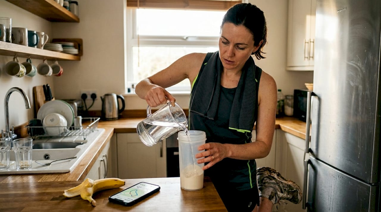 Runner mixing post-workout drink in kitchen