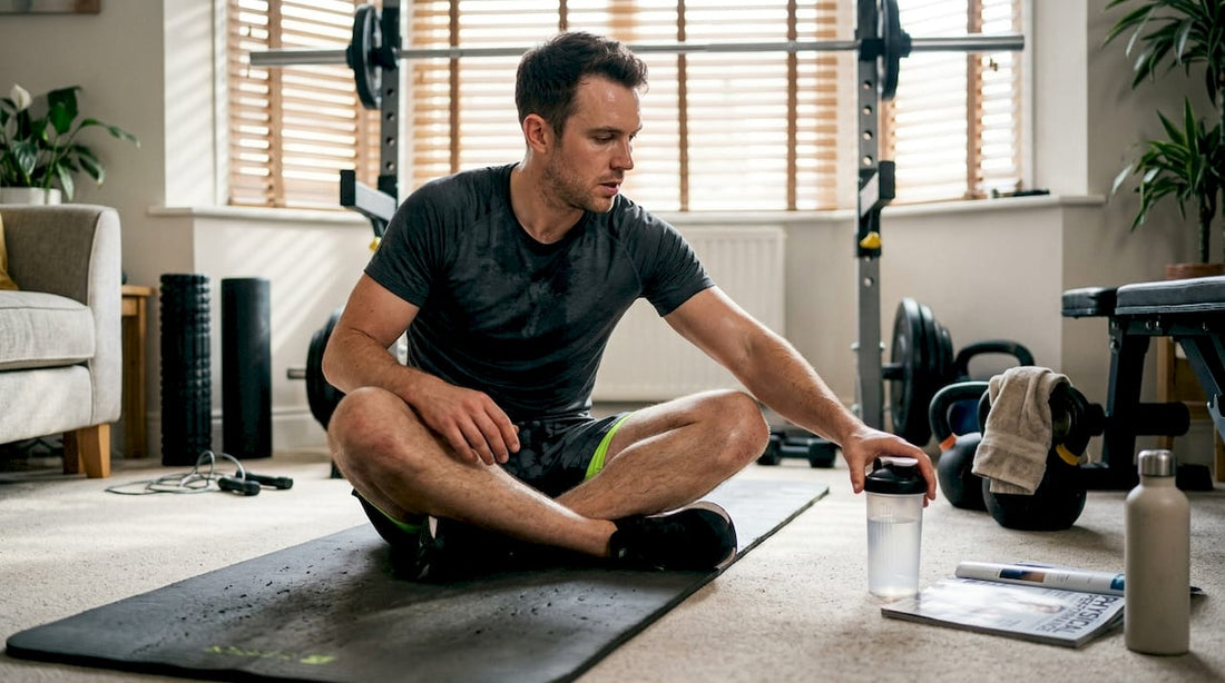 Man reaching for protein shake after workout