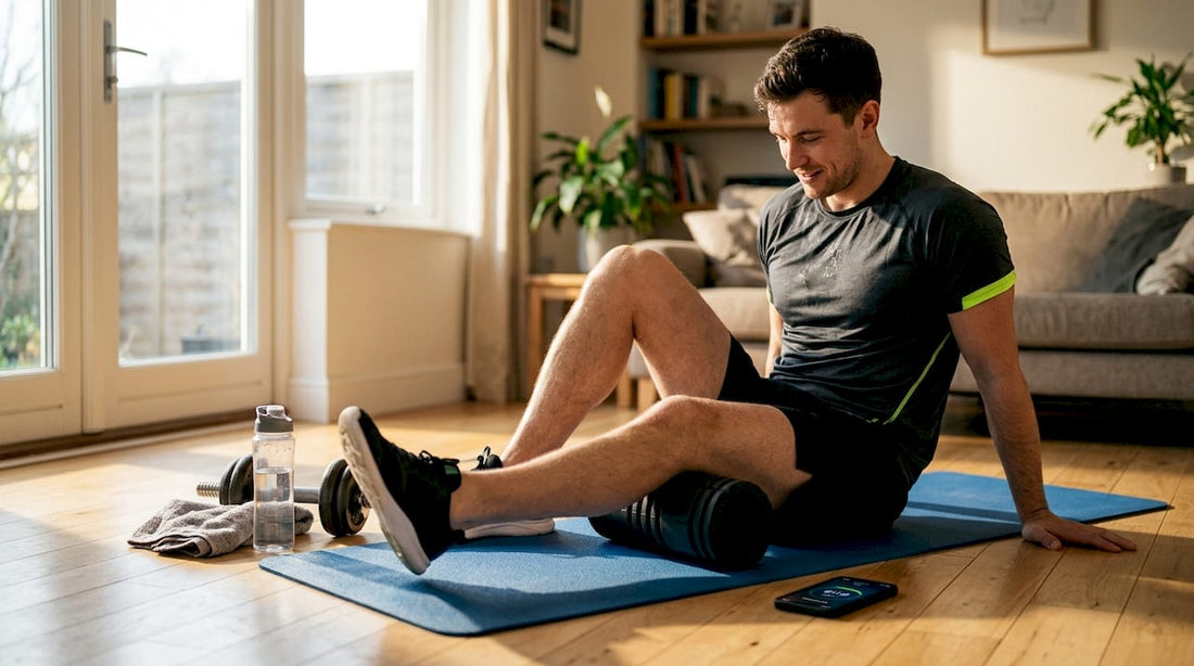 Man using foam roller at home after workout