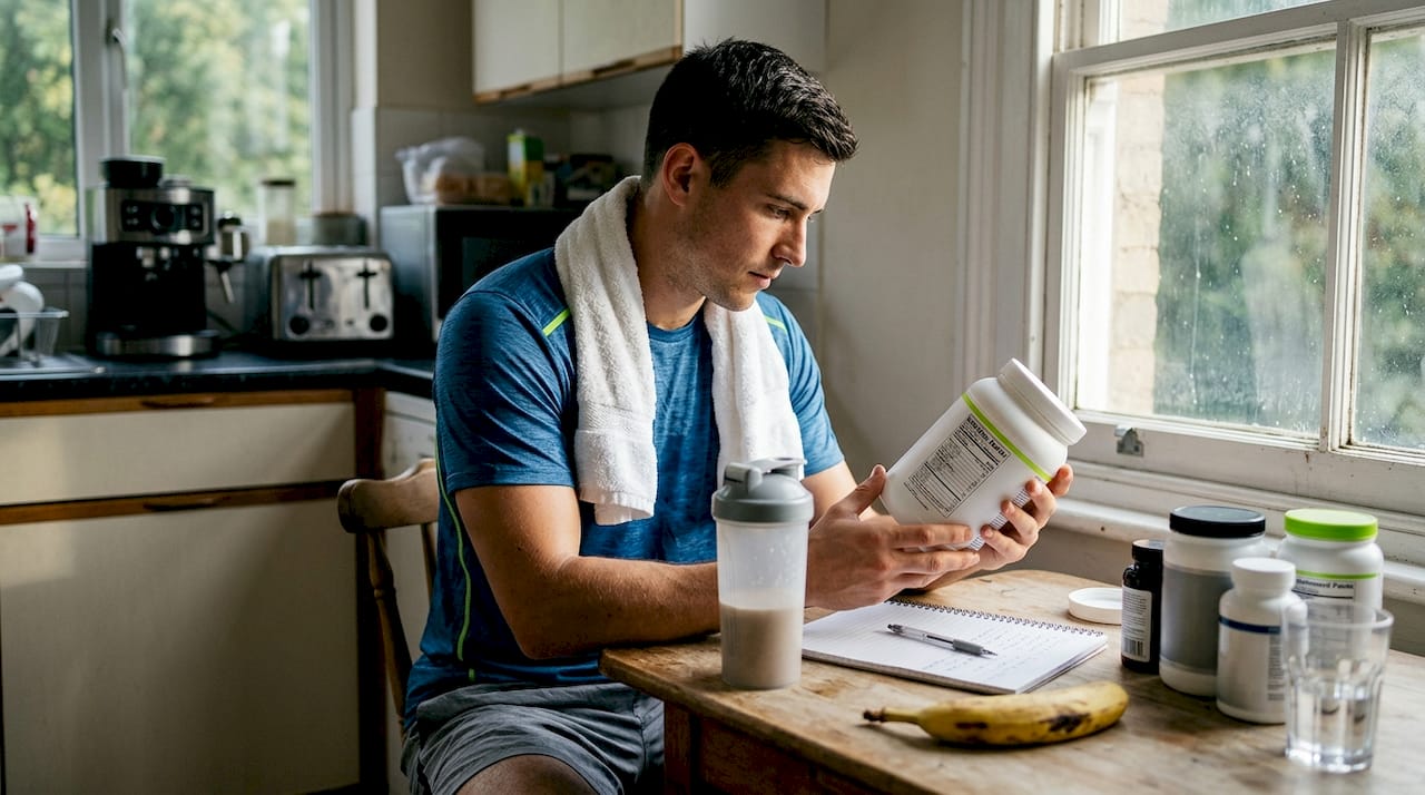 Athlete examining supplement label at kitchen table
