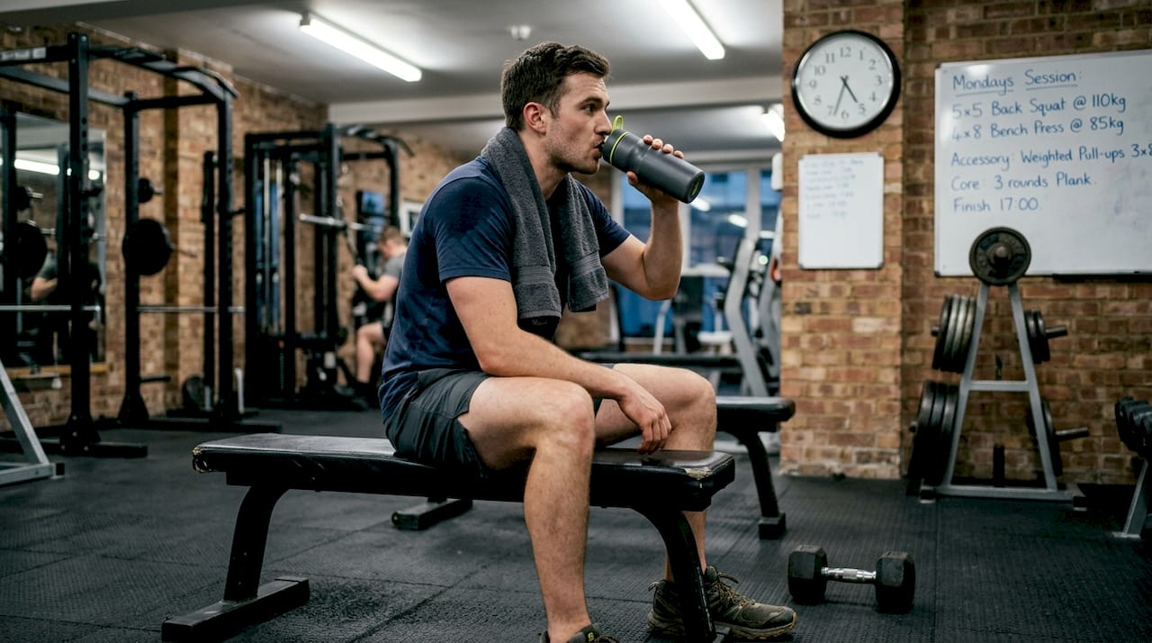 Athlete recovering on gym bench with water
