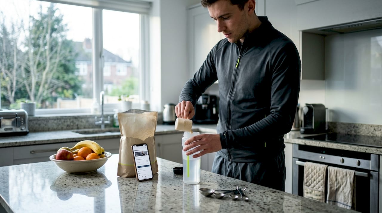Athlete preparing daily supplements in home kitchen