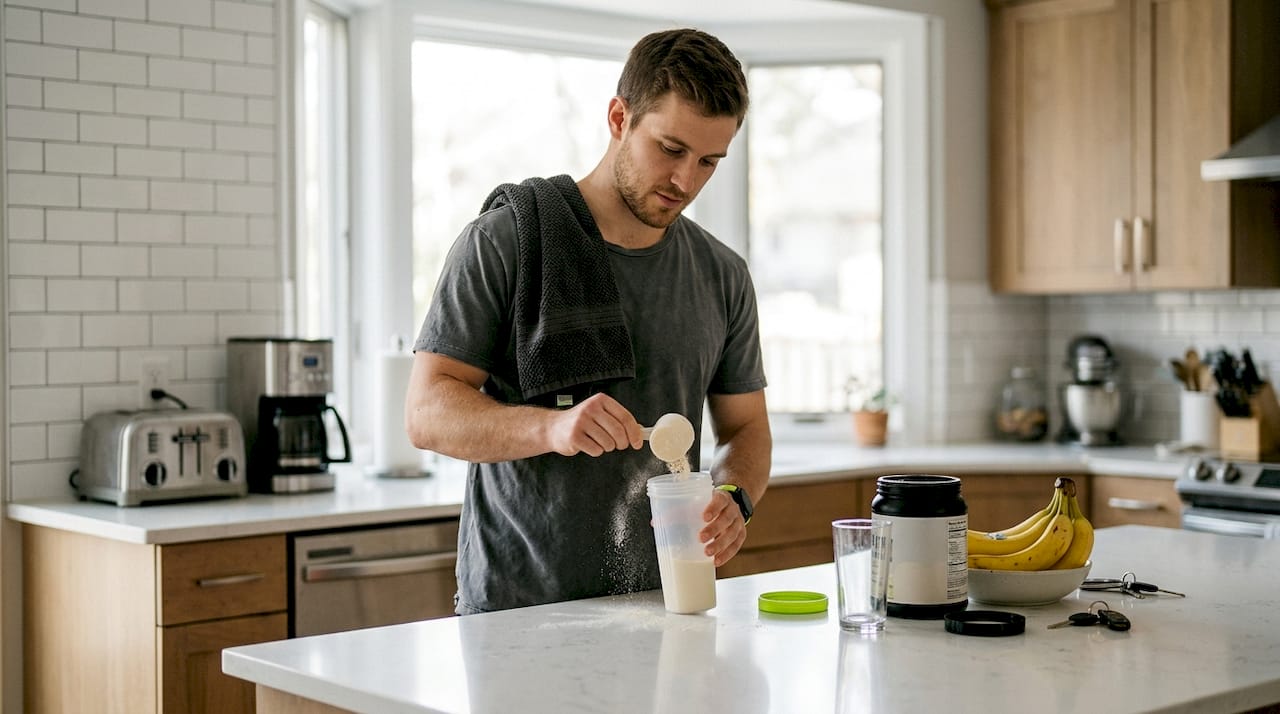 Athlete preparing shake in bright kitchen