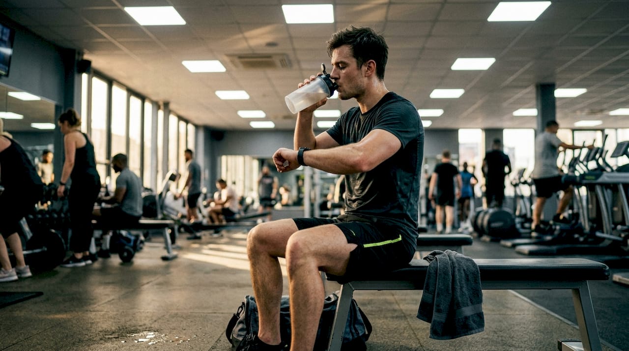Athlete taking intra-workout supplement in gym
