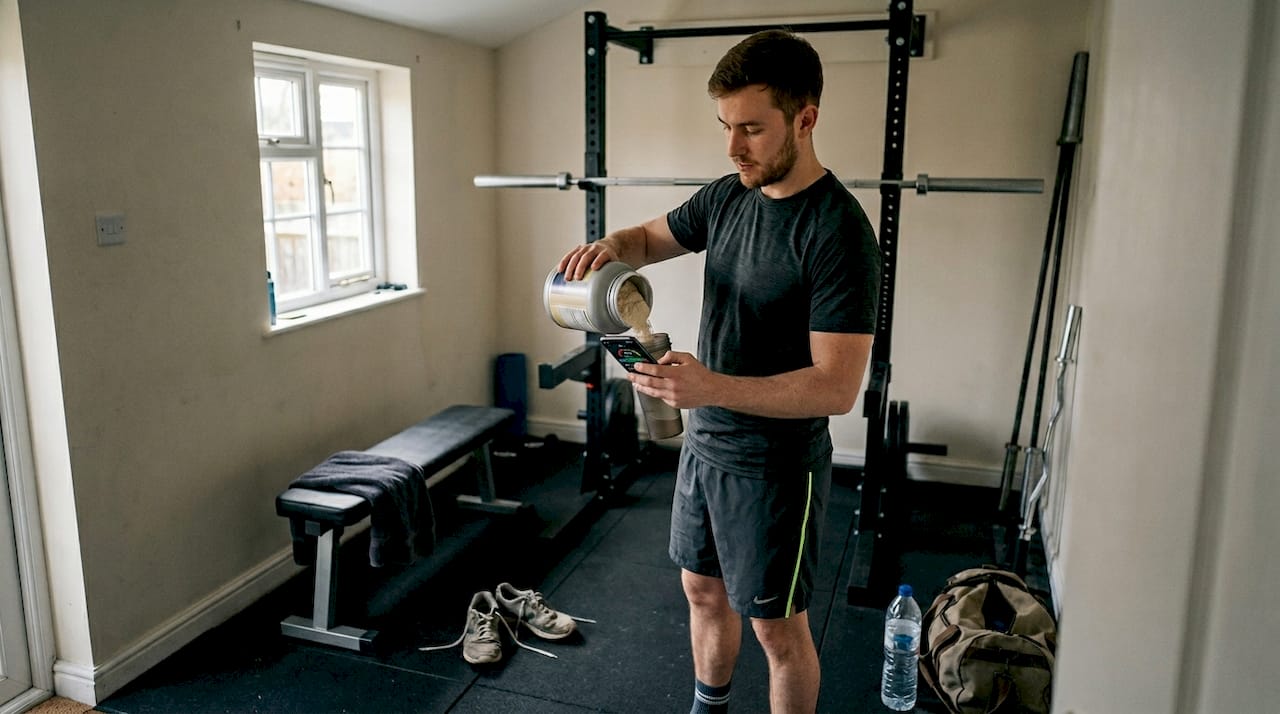 Man preparing workout shake in home gym