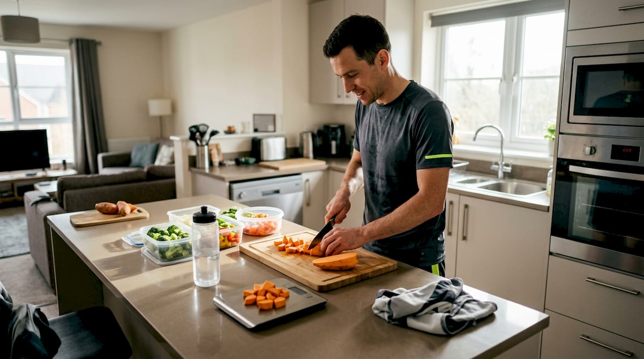 Athlete preparing balanced meal at kitchen counter
