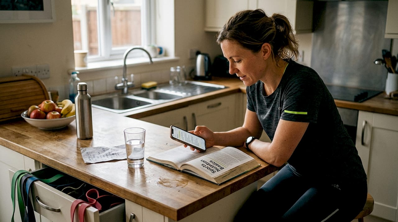 Athlete studying sports nutrition at kitchen counter