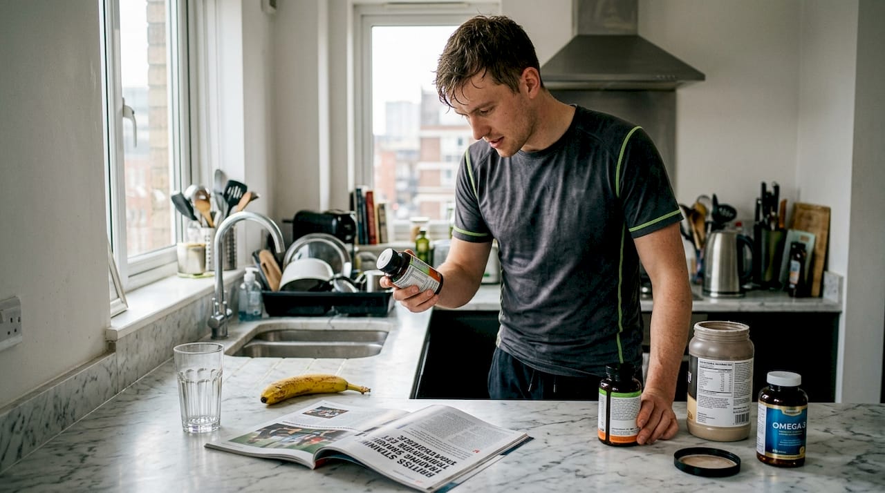 Athlete examines vitamin bottle in bright kitchen