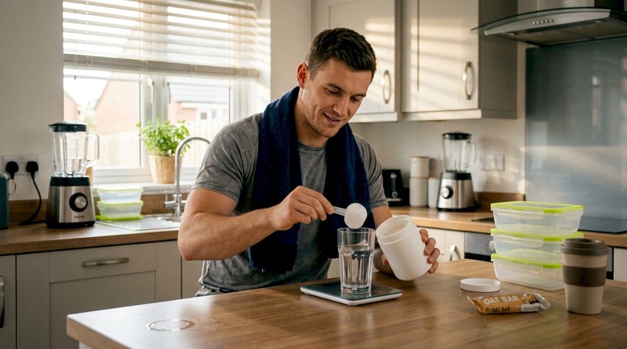 Athlete preparing creatine in home kitchen