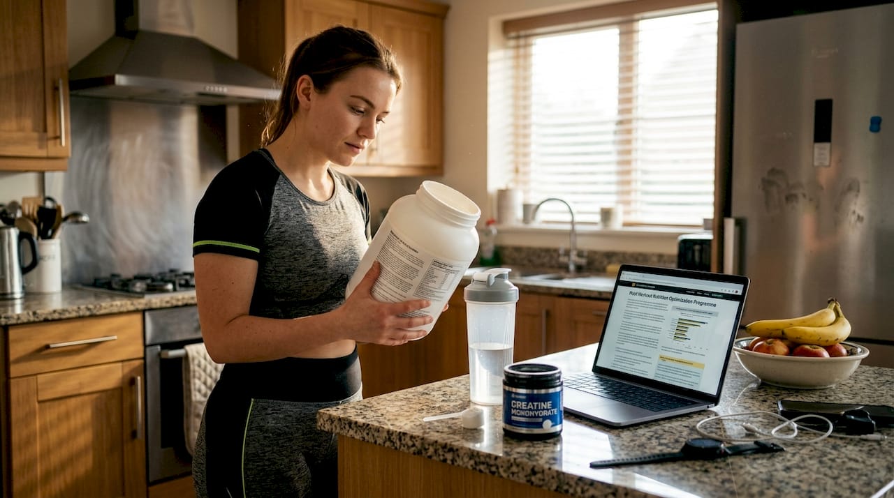 Person reading supplement label in home kitchen