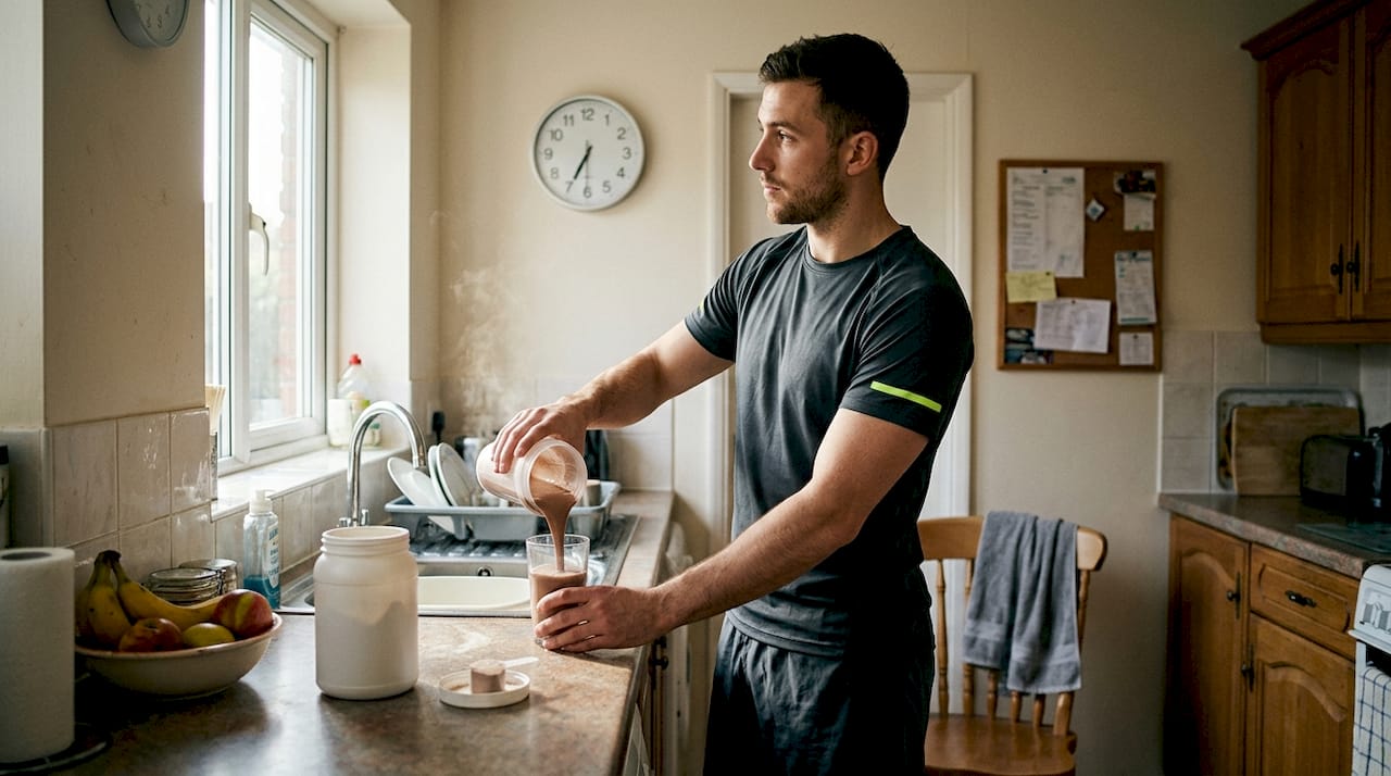 Athlete making post-workout protein shake in kitchen