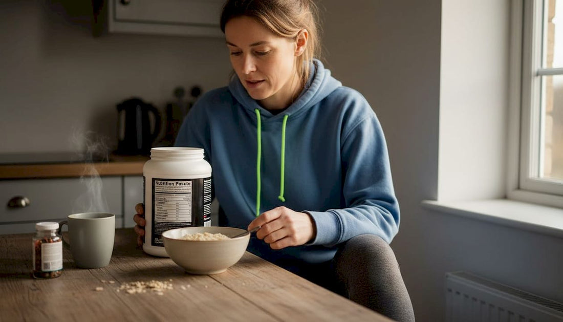 Woman checking supplement label at kitchen table