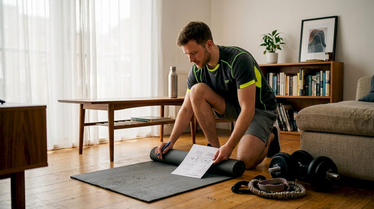 Man preparing home workout setup
