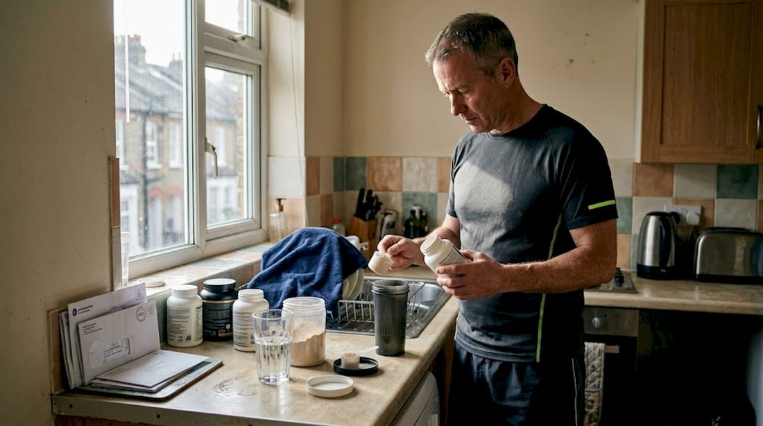 Man preparing supplements at kitchen counter