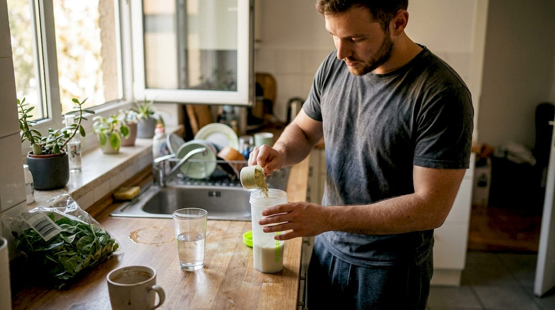 Man mixing protein powders in a messy kitchen