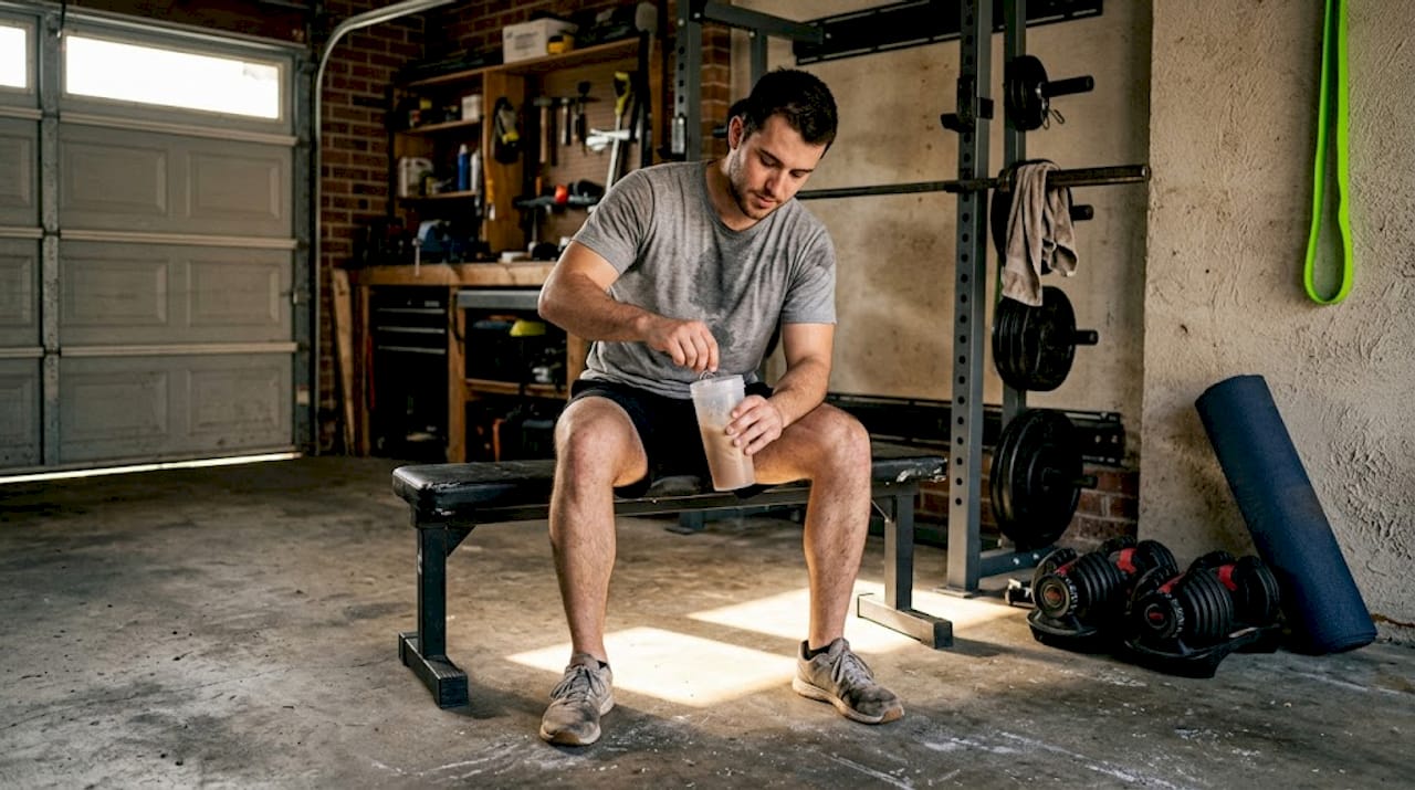 Man preparing shake in home gym after workout