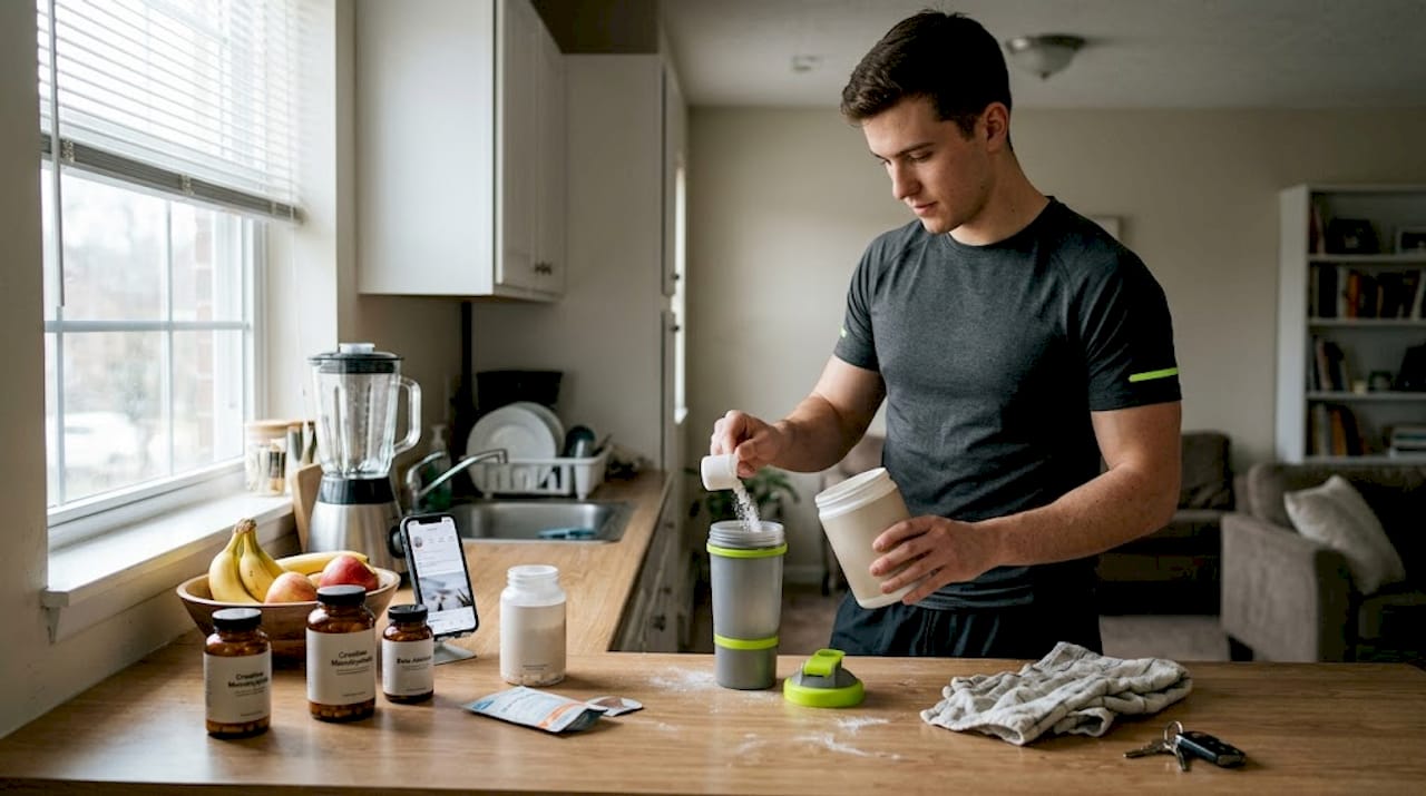 Man preparing pre-workout drink in kitchen