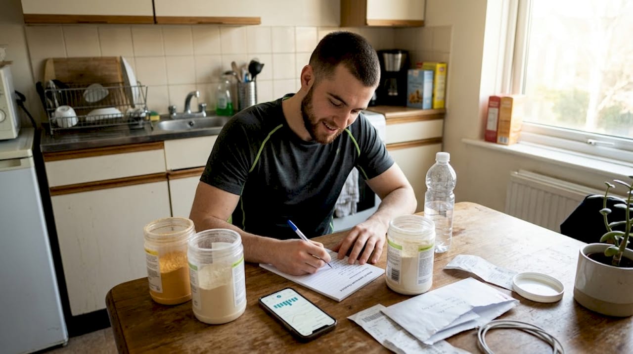 Man creating supplement checklist at kitchen table