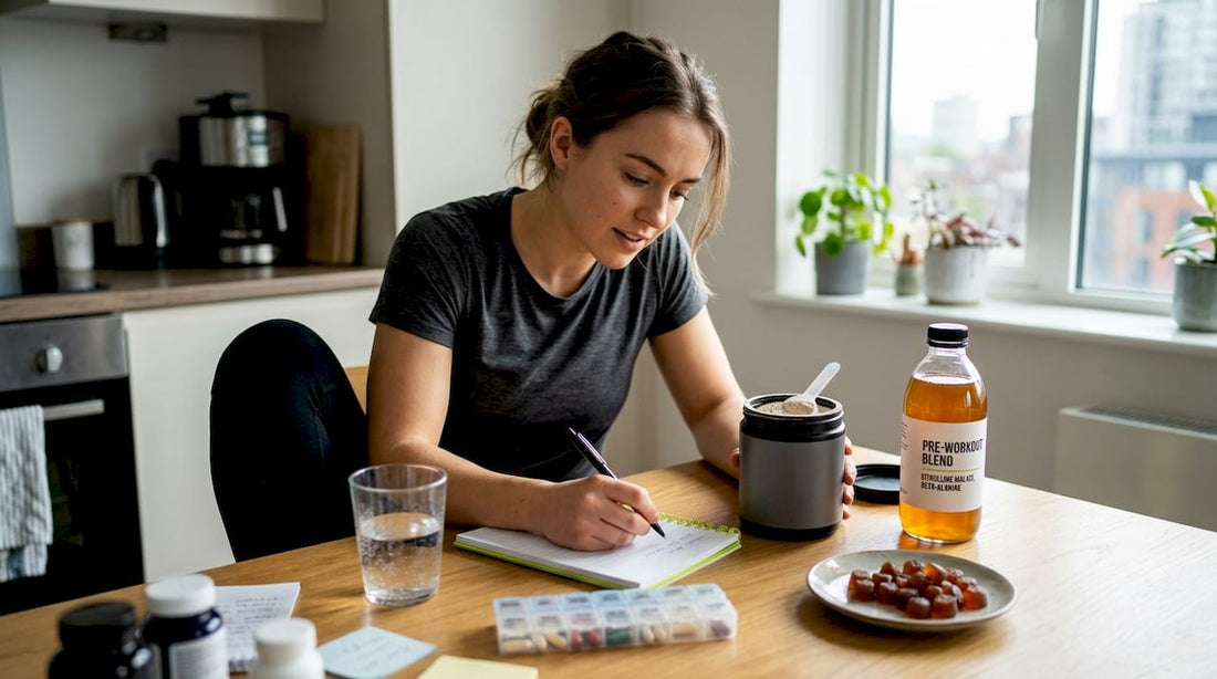 Fitness enthusiast comparing pre-workout supplements