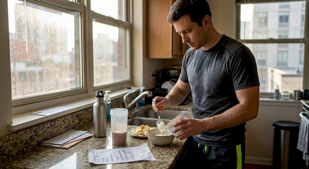 Man preparing recovery meal after workout