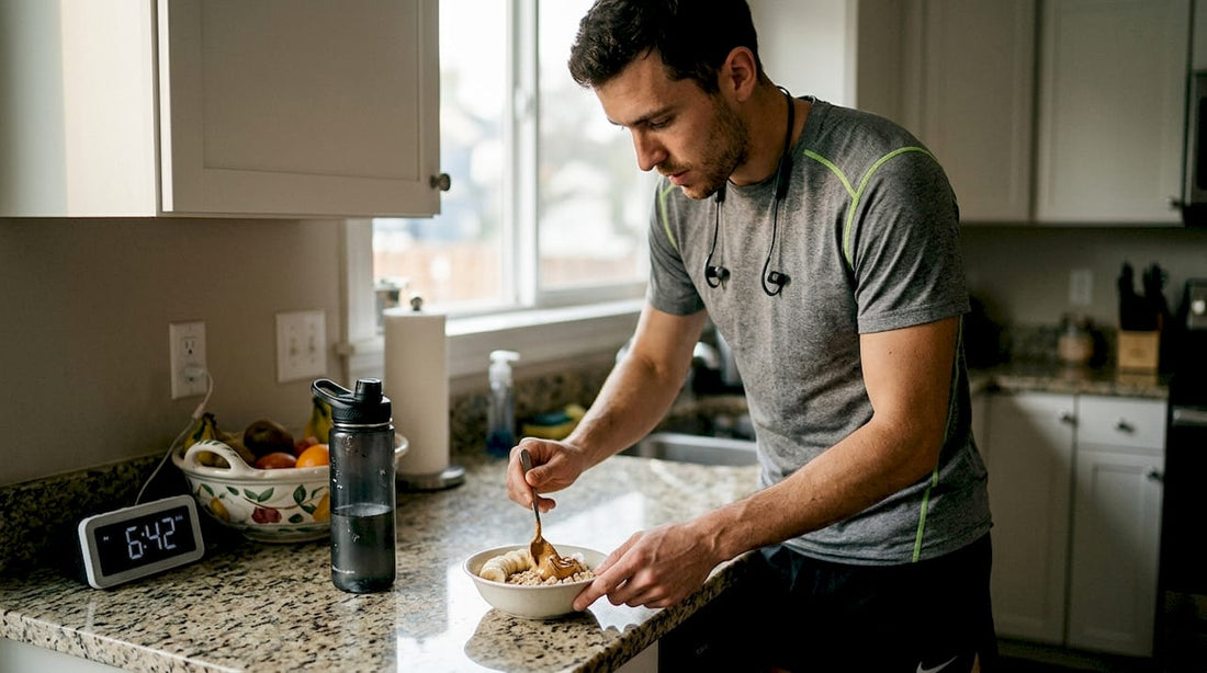 Athlete preparing pre-workout meal in kitchen
