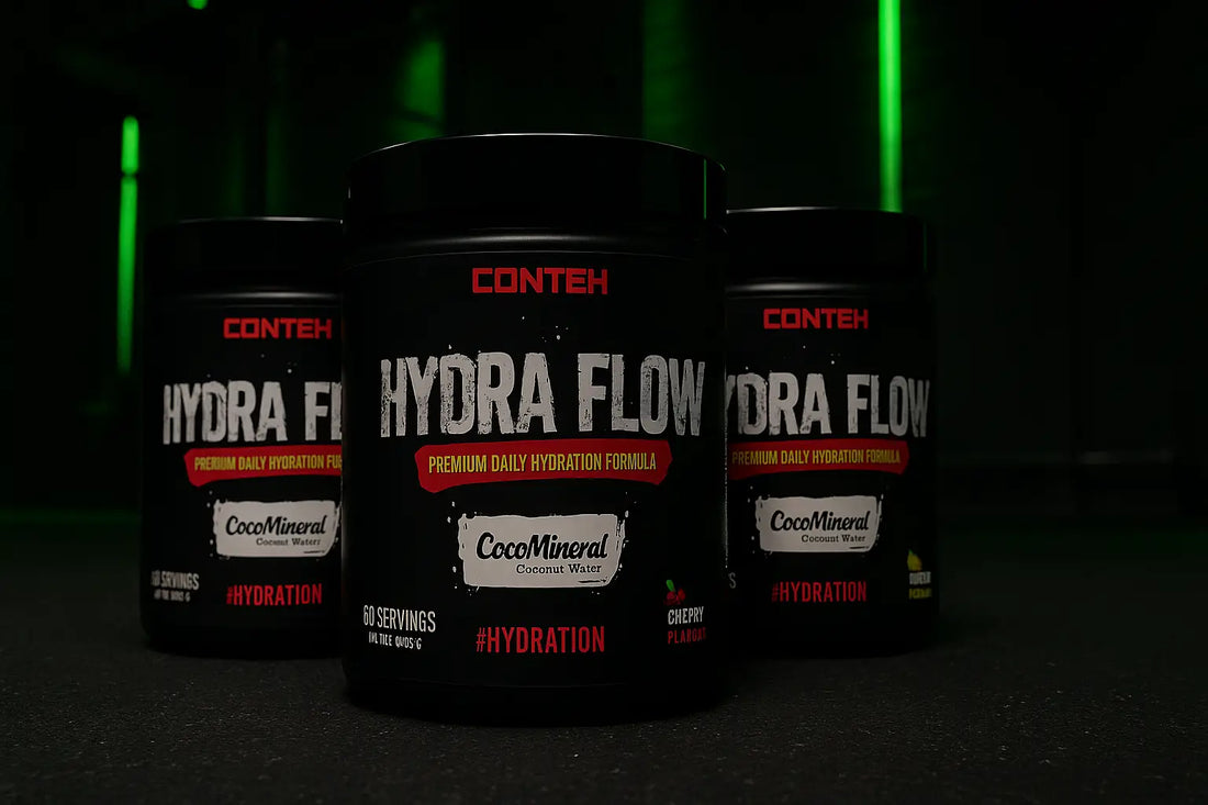 three black tubs of Conteh Sports Hydra Flow hydration