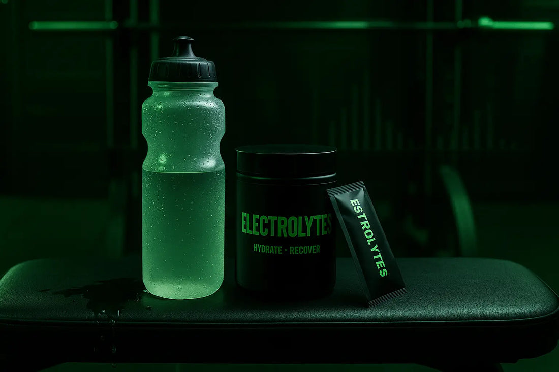 Black and green gym scene with a sports bottle, electrolyte tubs, and hydration splash