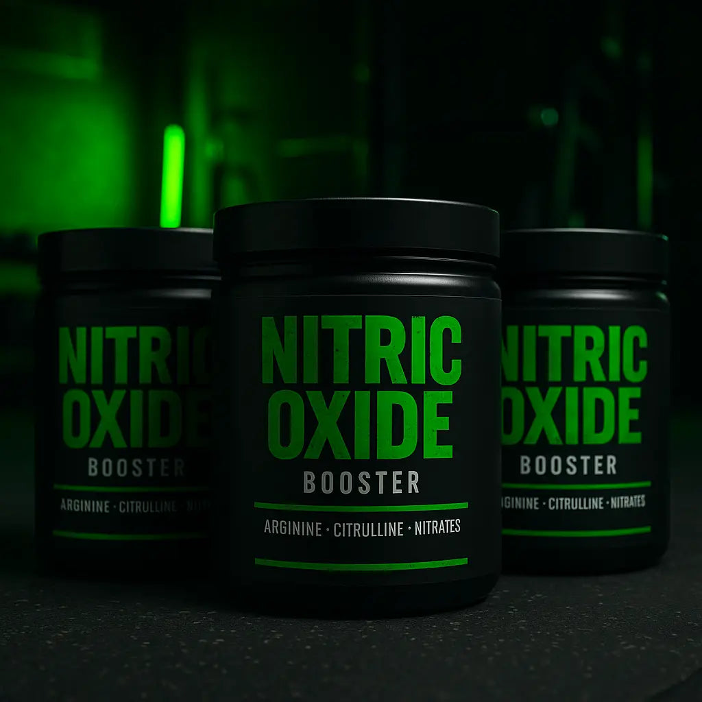 Three black nitric oxide supplement tubs in a moody gym setting with lime green accent lighting and blurred equipment in the background