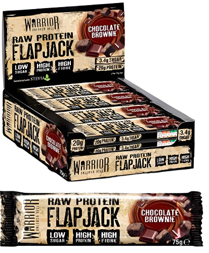 Warrior Raw Protein Flapjack Chocolate Brownie box with individual protein flapjack chocolate bars