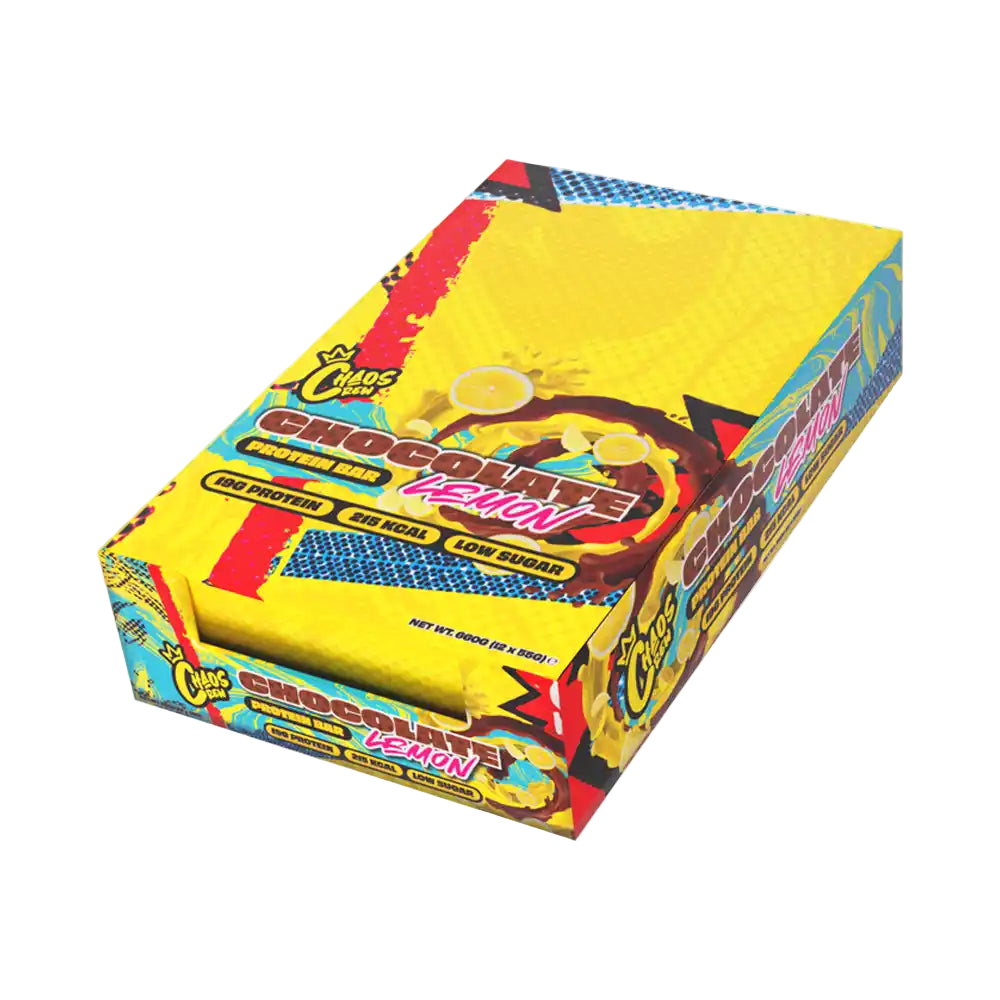 Box of Chaos Chocolates Lemon candy bars on a white background