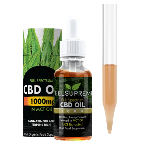 CBD oil bottle with packaging featuring cannabis leaves on a white background