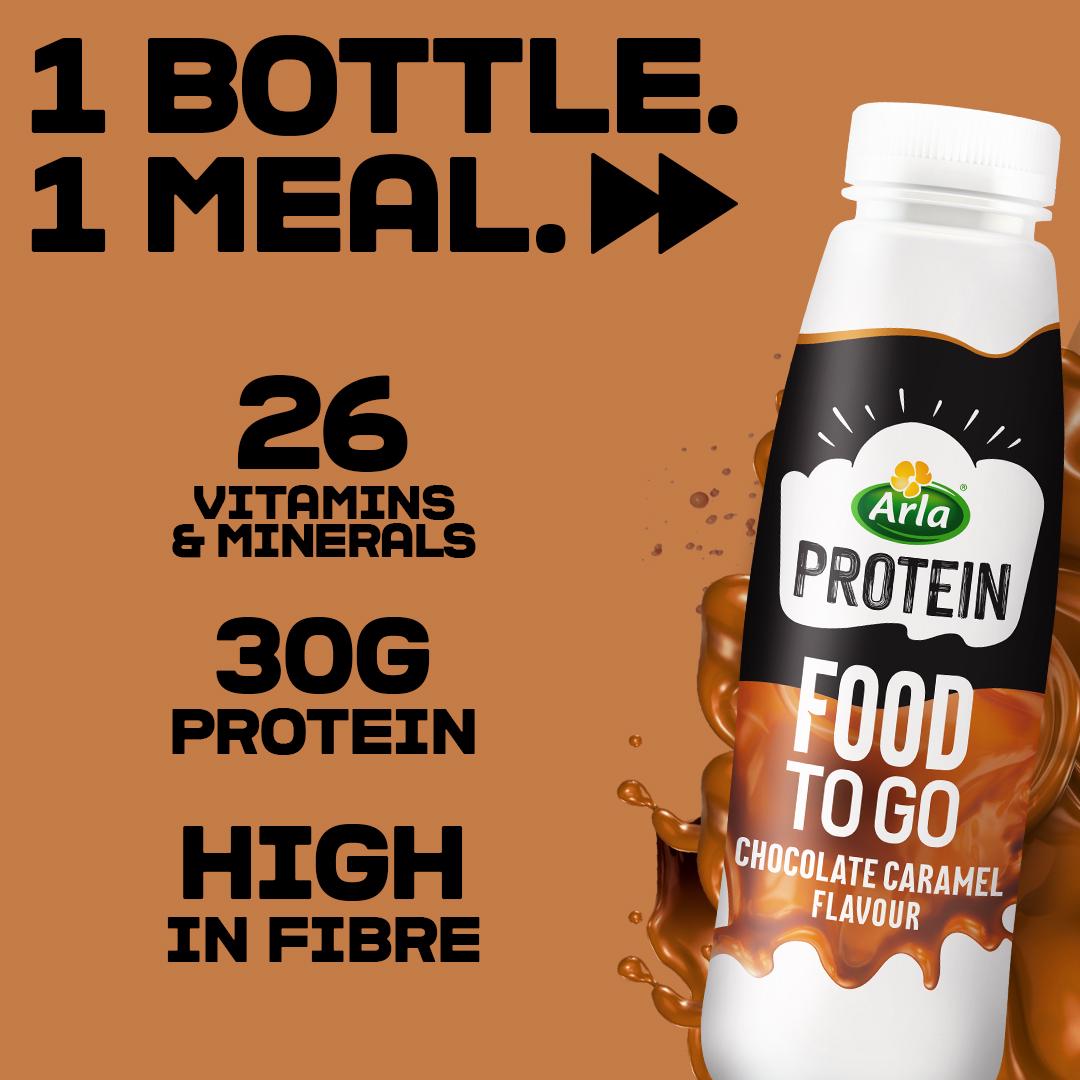 Arla Protein Food To Go caramel flavor meal replacement shake in white and black bottle