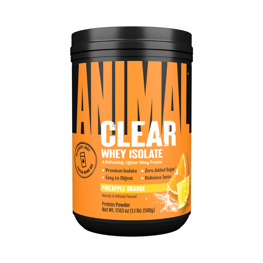 Container of Anima Clear Whey Isolate protein powder on a white background