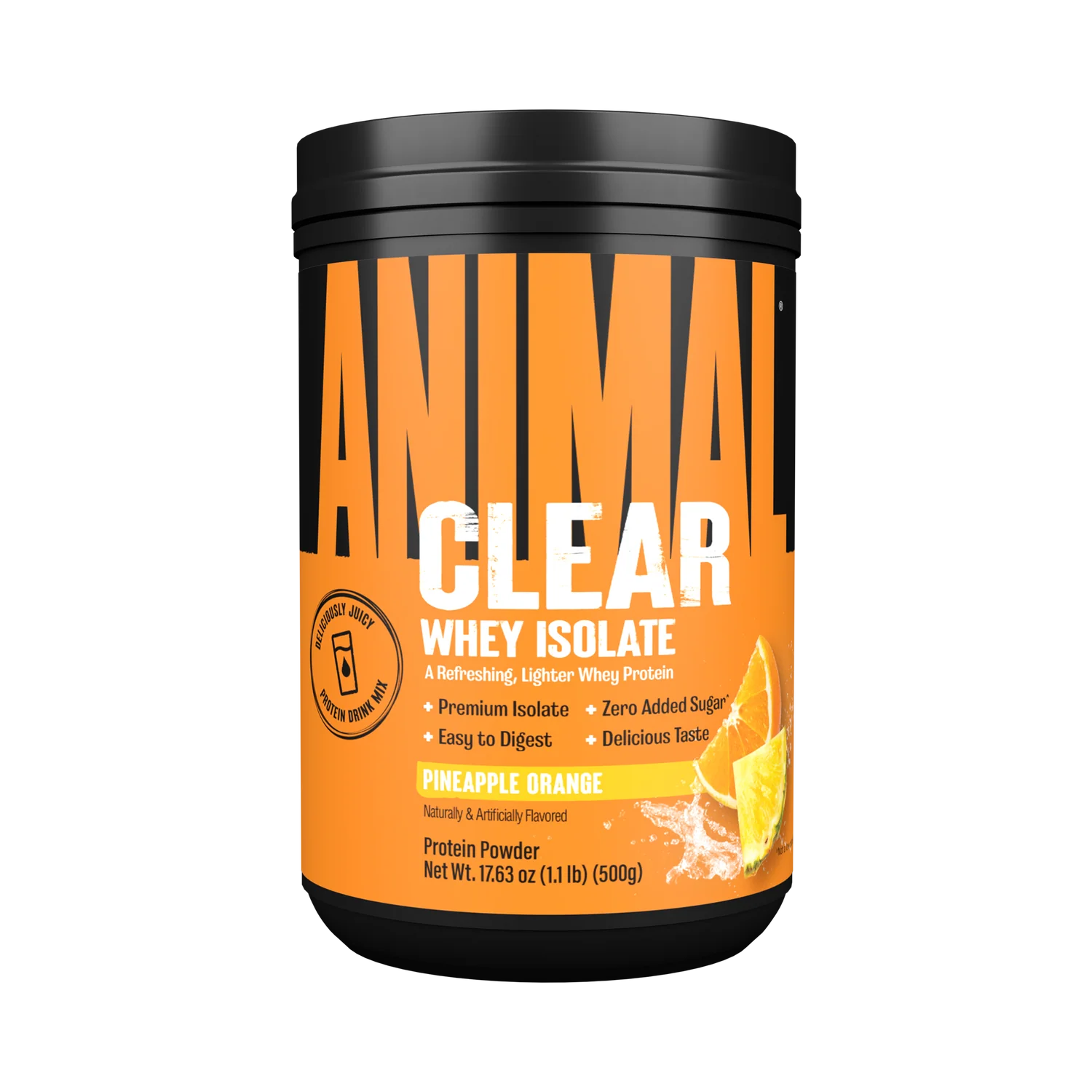 Container of Anima Clear Whey Isolate protein powder on a white background