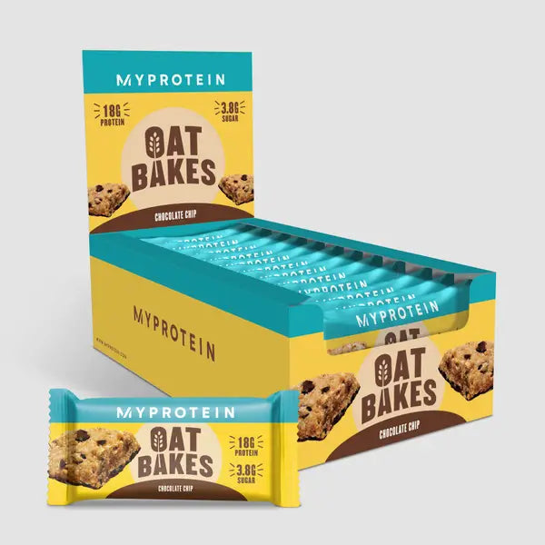 MyProtein Oat Bakes Chocolate Chip bar with 18g protein and 3.8g sugar for muscle recovery