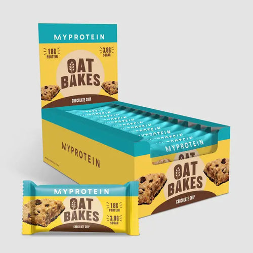 MyProtein Oat Bakes Chocolate Chip bar with 18g protein and 3.8g sugar for muscle recovery