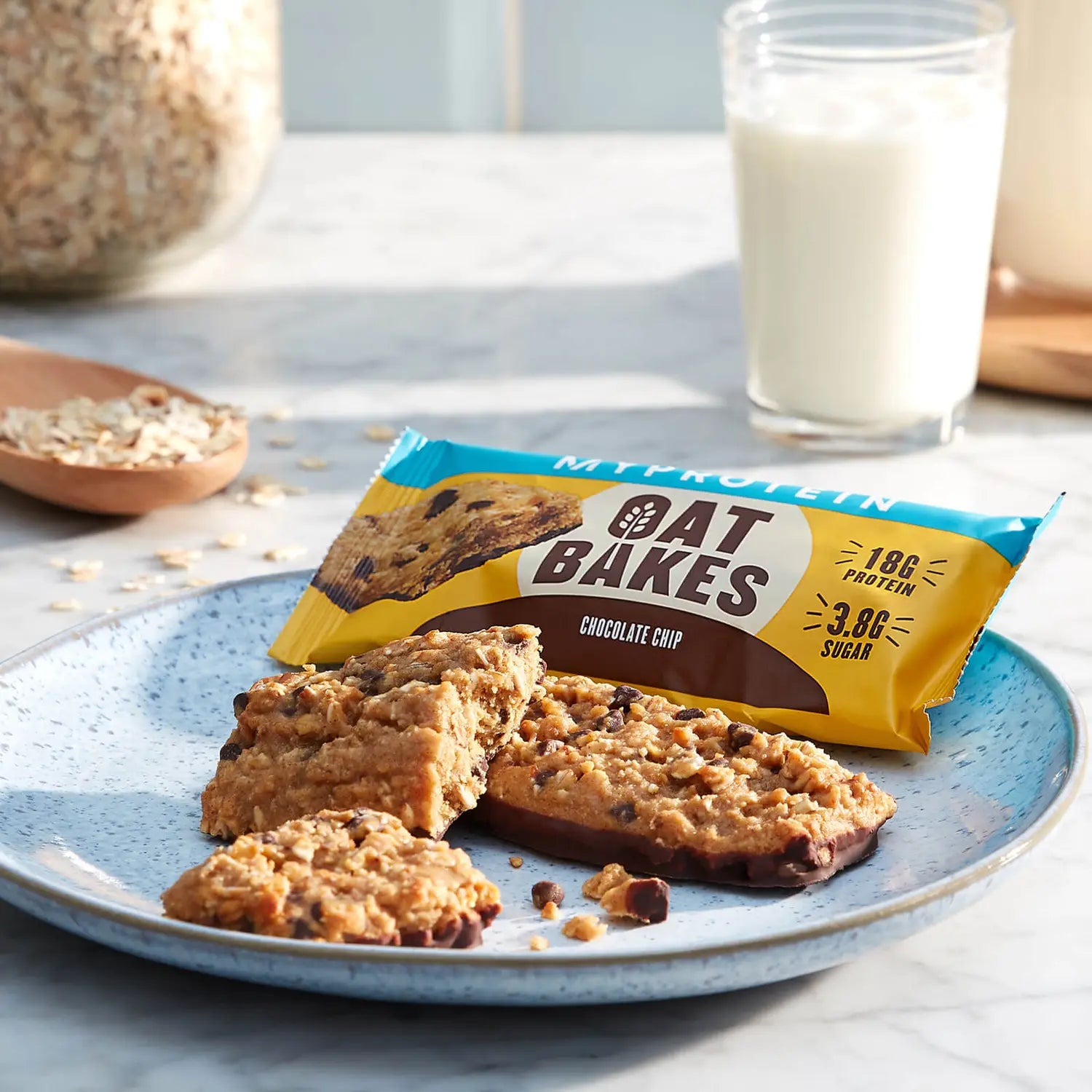 MyProtein Oat Bakes with chocolate chips, 18g protein, supports digestive health and muscle recovery