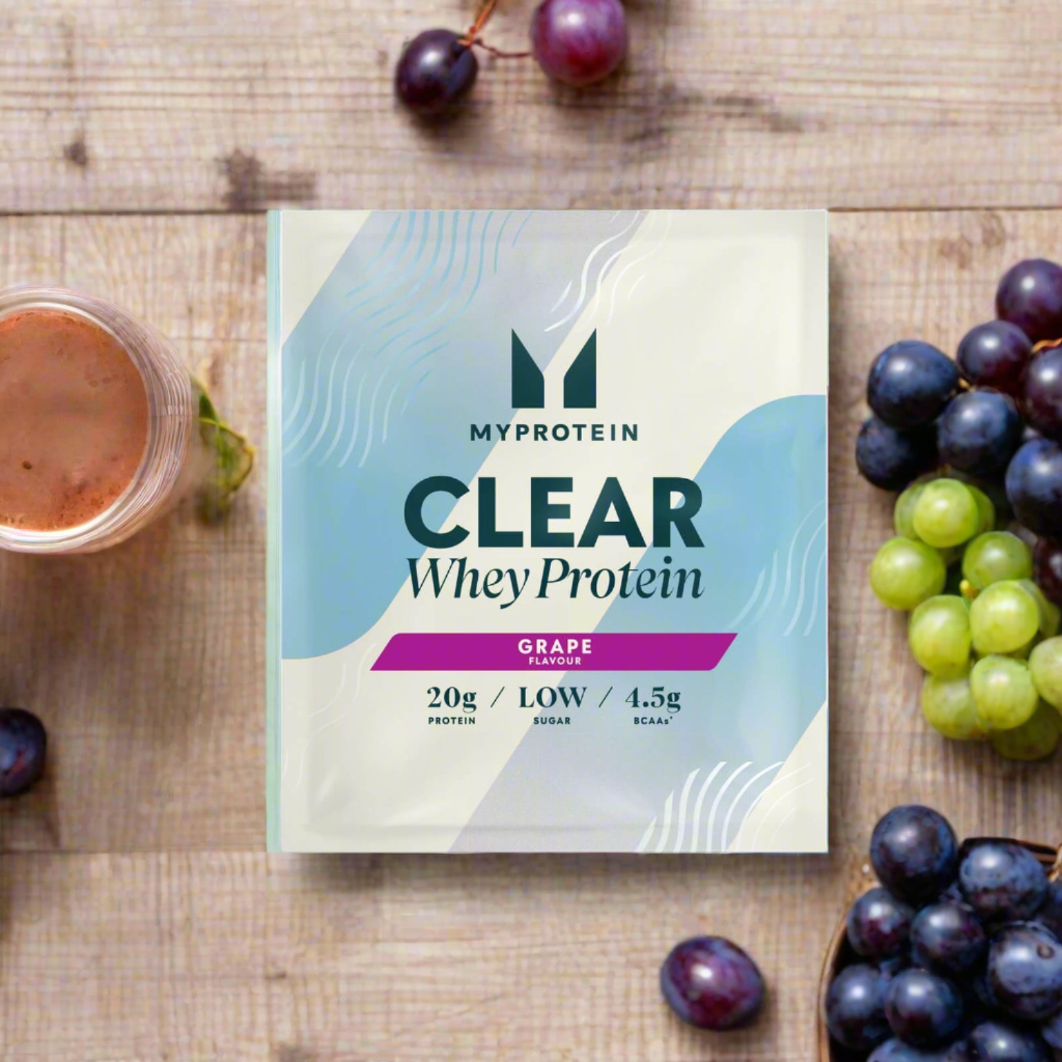 Packet of grape-flavored clear whey isolate protein from MyProtein Clear Whey Isolate