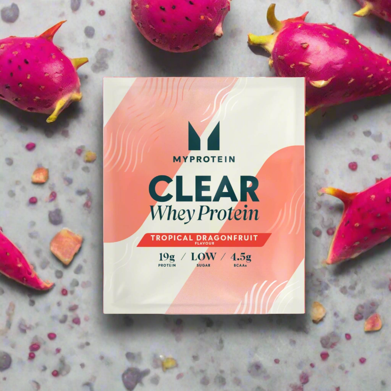 Packet of tropical dragonfruit flavored clear whey isolate protein powder from MyProtein Clear Whey Isolate sports nutrition awards