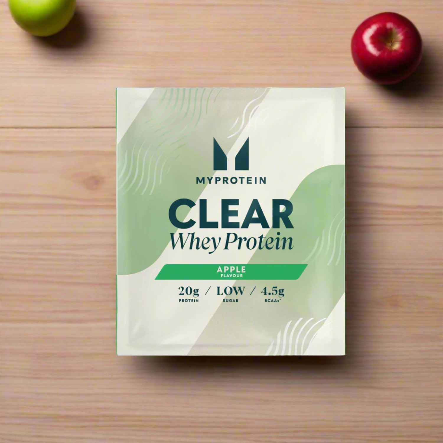 White and green MyProtein Clear Whey Isolate apple flavor with 20g protein and BCAAs